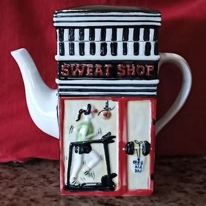2 Sided Teapot. "SWEAT SHOP"/ "JUST DESSERTS". Sweets & Gym. Excellent Condition